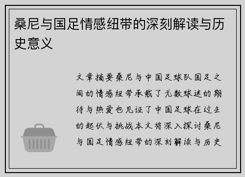 桑尼与国足情感纽带的深刻解读与历史意义
