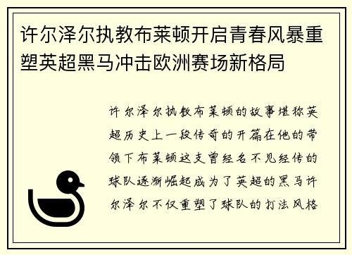许尔泽尔执教布莱顿开启青春风暴重塑英超黑马冲击欧洲赛场新格局