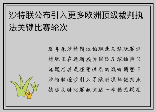 沙特联公布引入更多欧洲顶级裁判执法关键比赛轮次