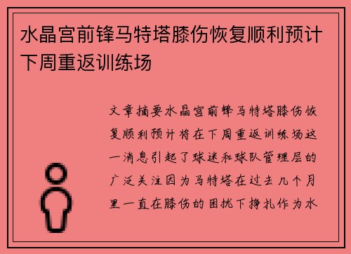水晶宫前锋马特塔膝伤恢复顺利预计下周重返训练场