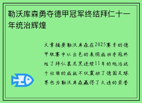 勒沃库森勇夺德甲冠军终结拜仁十一年统治辉煌
